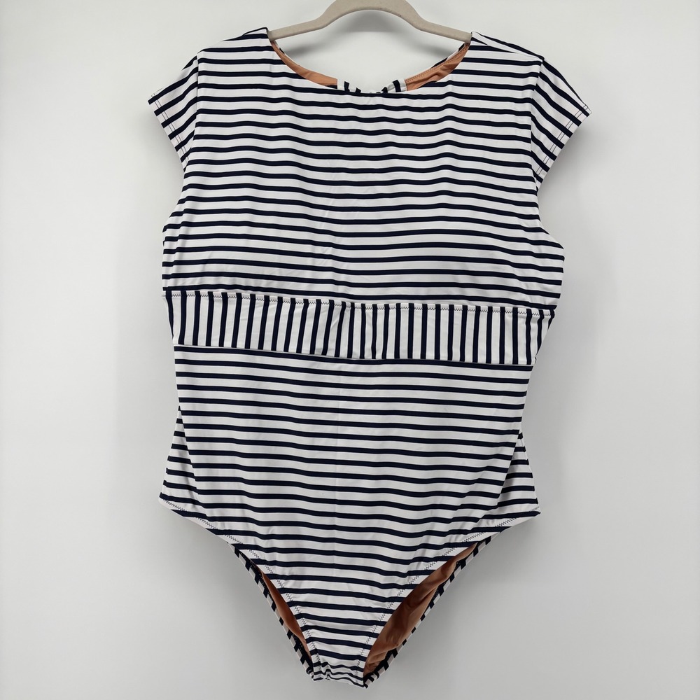 J.Crew Re-Imagined Navy Striped Cap Sleeve One Piece Swimsuit Size 22 NEW